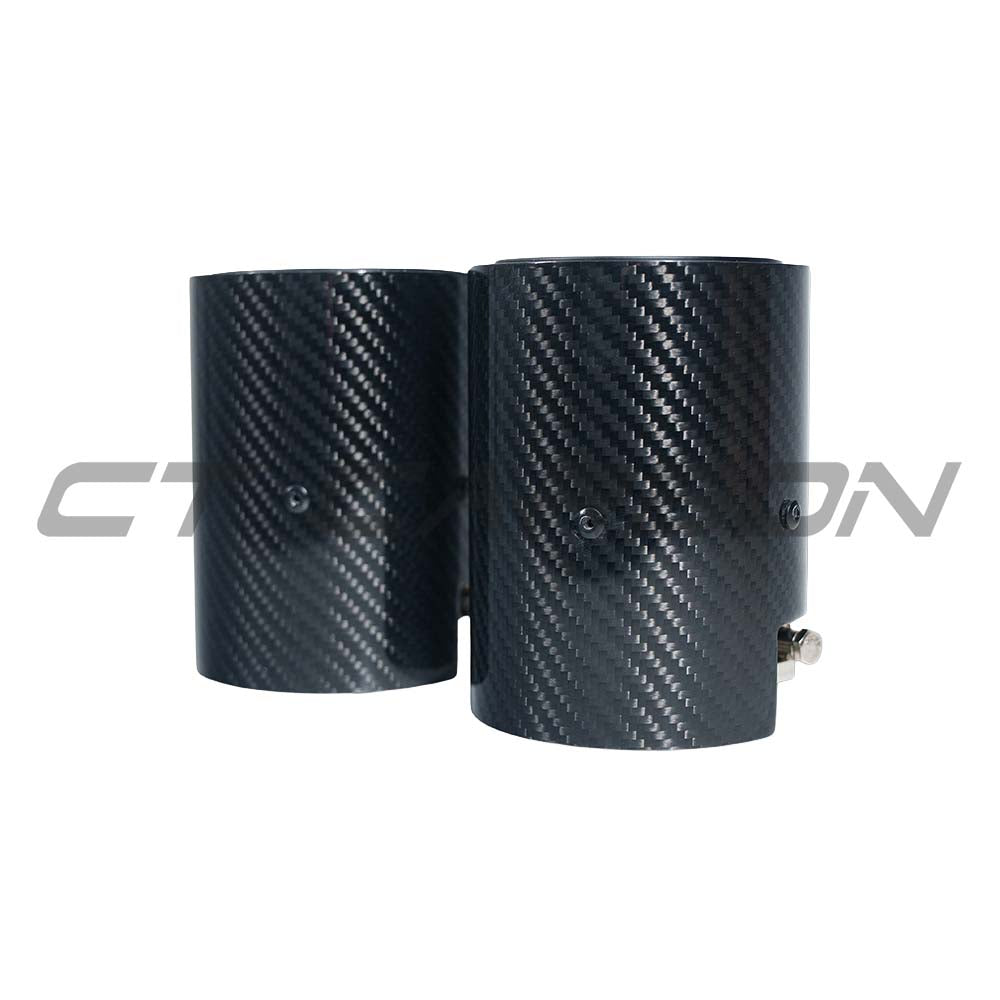 Set of two CT Carbon matte black BMW F20-F33 carbon exhaust tips, stylish and durable for F-series BMW models.