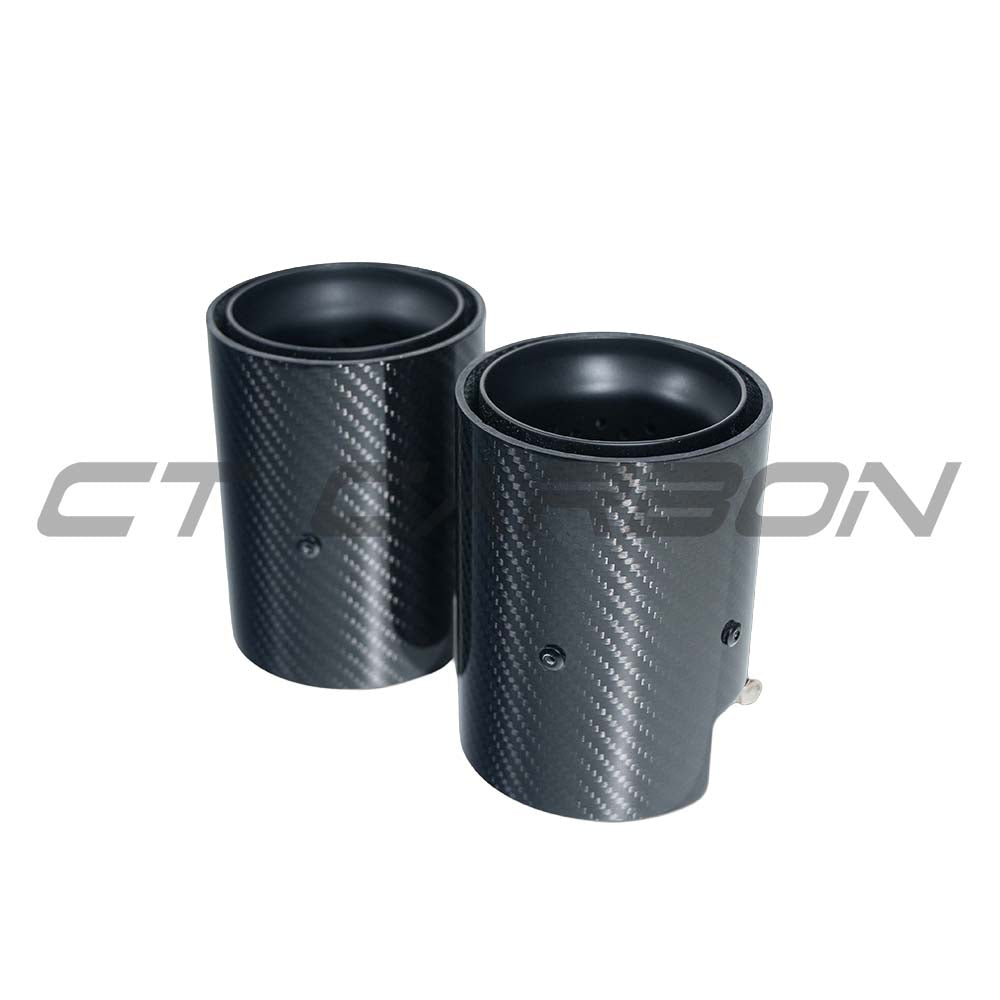 Set of two CT Carbon matte black BMW F20-F33 carbon exhaust tips, high-quality automotive exhaust tips for BMW models.