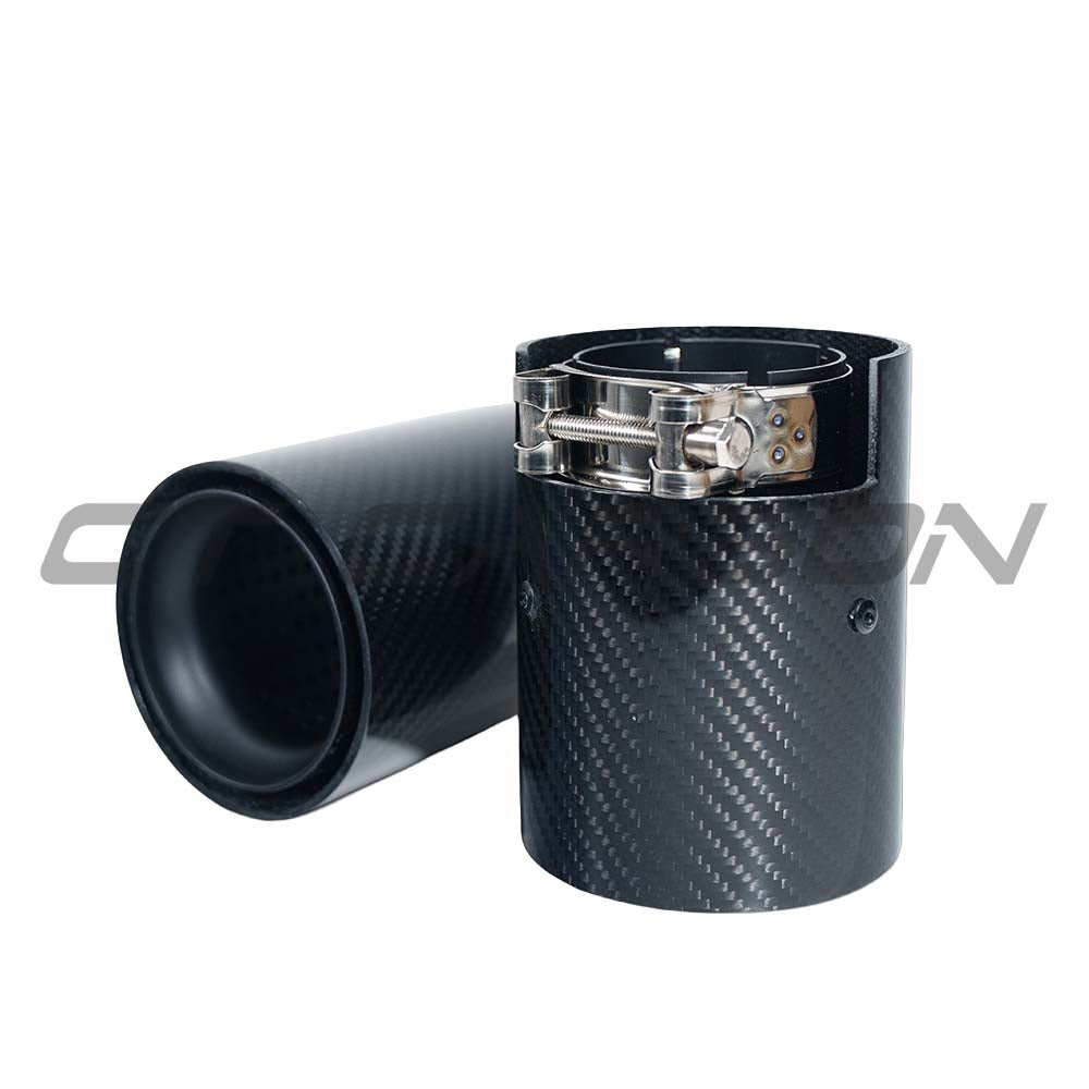 Set of two CT Carbon matte black BMW F20-F33 carbon exhaust tips, stylish upgrade for F-series and F30/F31/F32/F33 models.