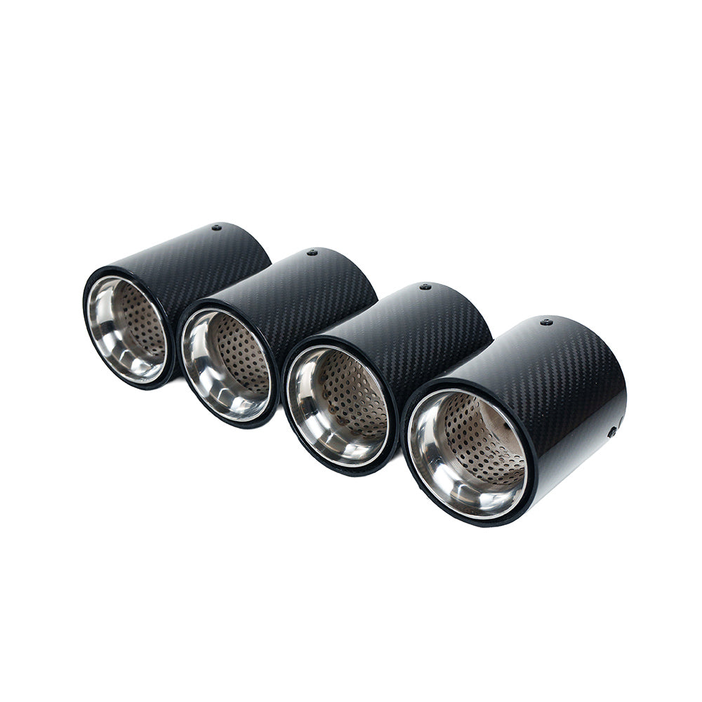 Set of four BMW F90/F92 M5/M8 carbon fiber exhaust tips with chrome finish by CT Carbon, designed for sporty vehicle styling.
