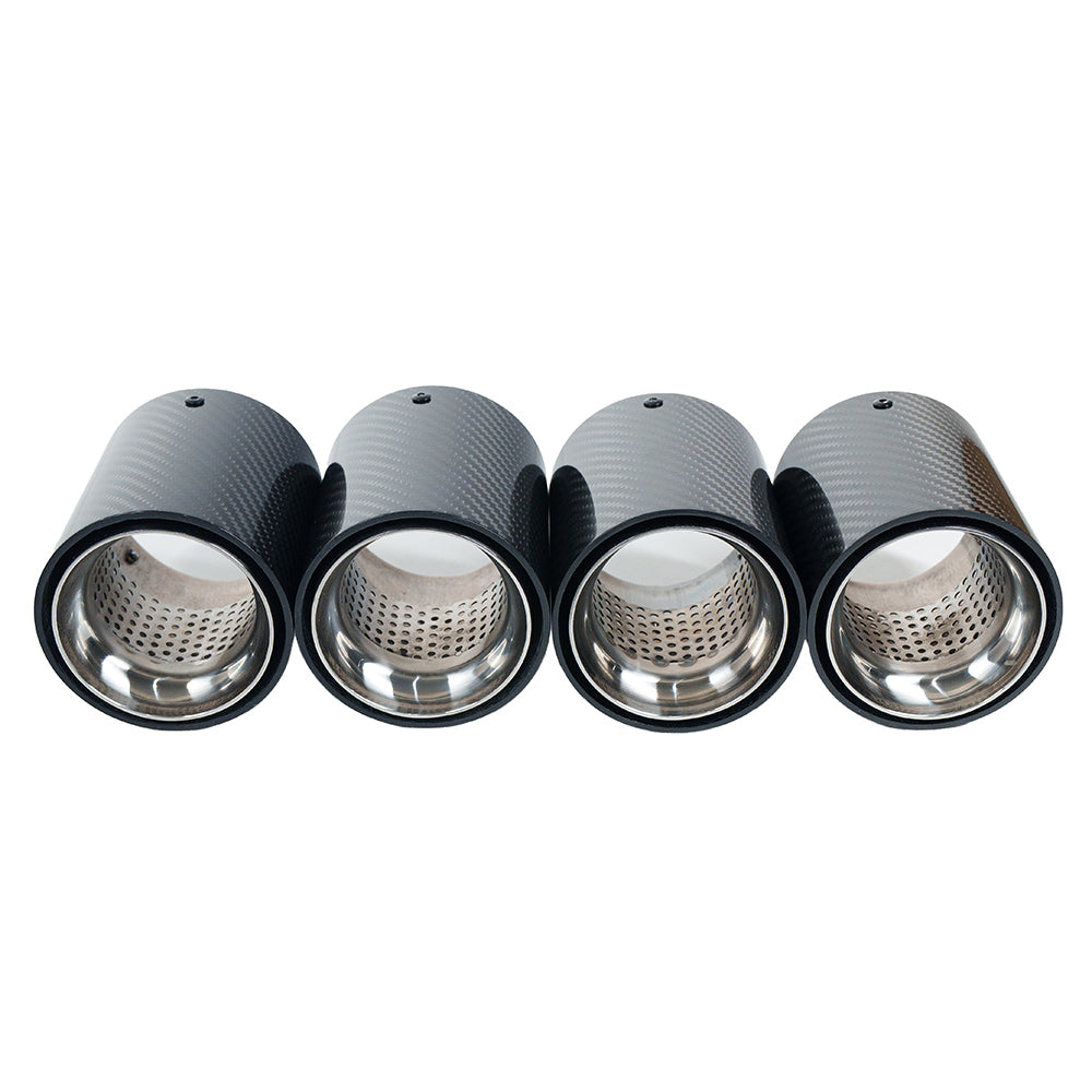 Set of four BMW F90/F92 M5 M8 carbon fiber exhaust tips with chrome finish, designed for aftermarket exhaust upgrade.
