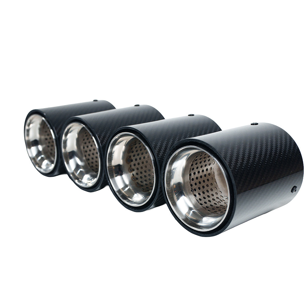 Set of four BMW F90/F92 M5/M8 carbon fiber exhaust tips with chrome finish by CT Carbon, shown installed on the vehicle.