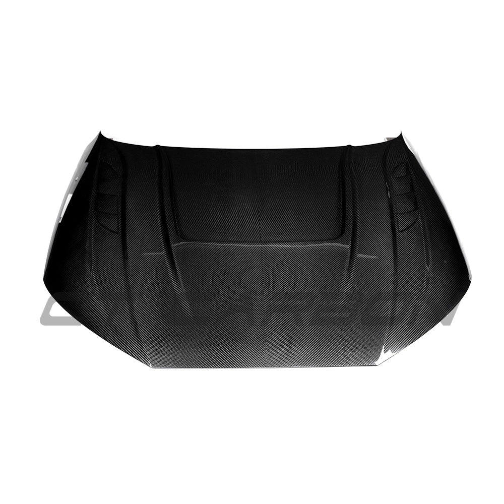 Carbon fiber bonnet for Audi A4/S4/RS4 B9/B9.5 2016-2024 by CT Carbon, showing the sleek, textured carbon fiber surface.