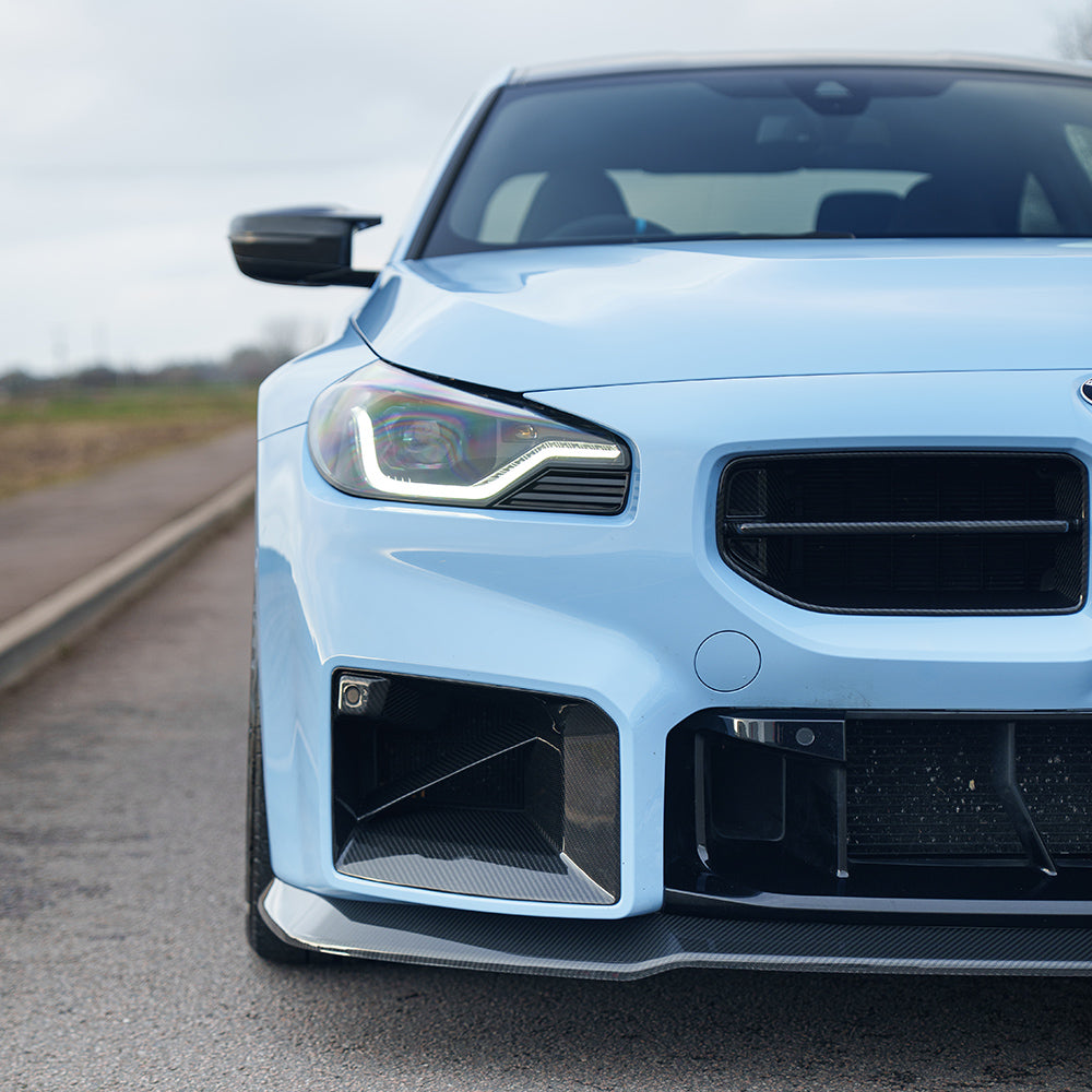 BMW G87 M2 2023 carbon fibre splitter by CT Carbon, V5 model, lightweight aerodynamic front splitter for enhanced performance.