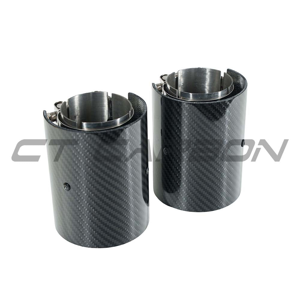 Set of two BMW carbon exhaust tips by CT Carbon, chrome finish, designed for F20, F30, F32, F33, F20, F21, F22, F23 models.