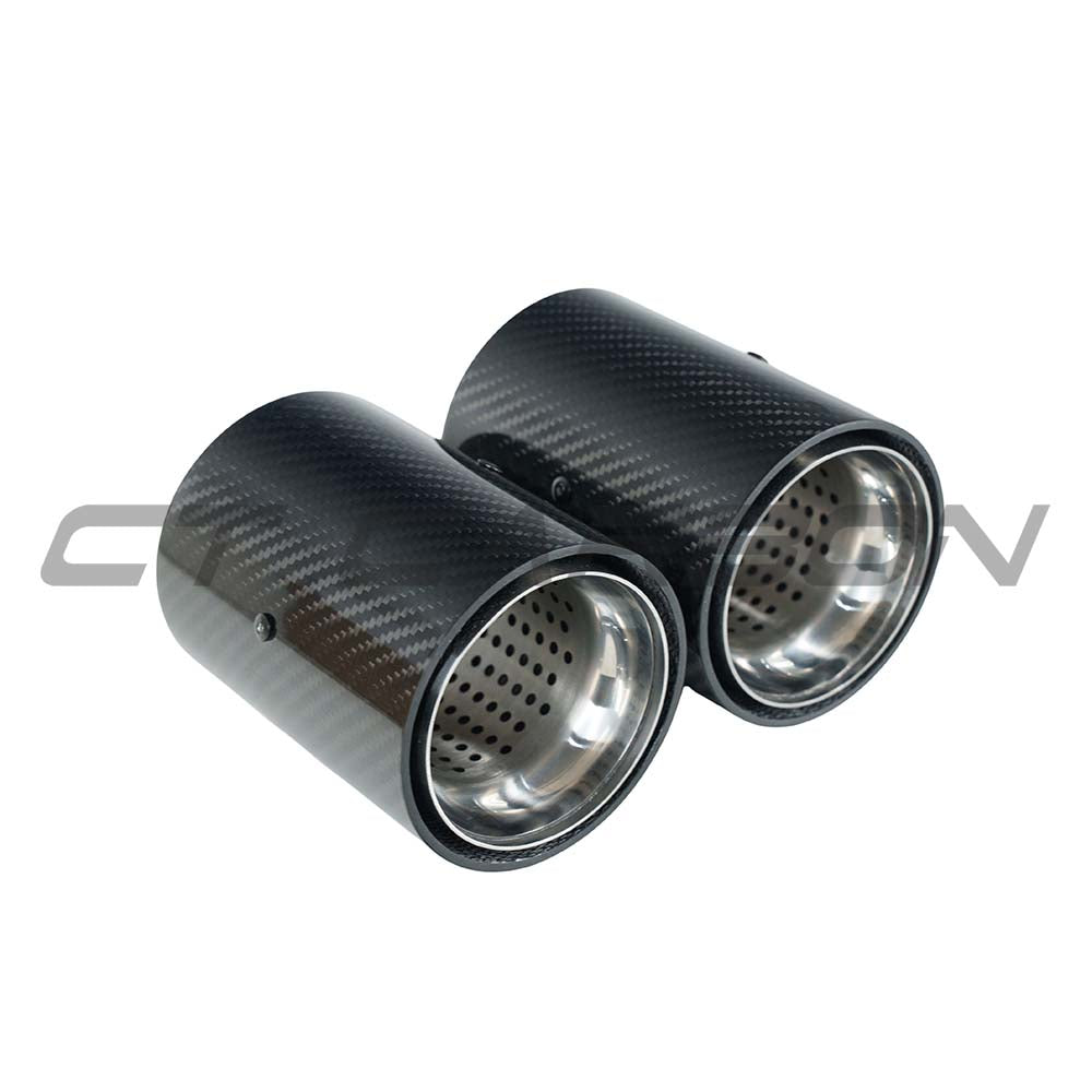 Set of two CT Carbon chrome exhaust tips for BMW F20 to F33 models, featuring sleek carbon finish and polished chrome tips.