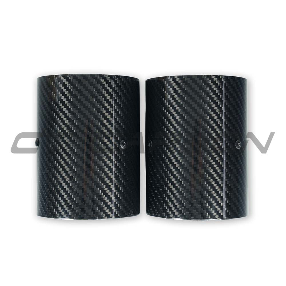 Set of two BMW carbon exhaust tips by CT Carbon, chrome finish, designed for F20, F21, F22, F23, F30, F31, F32, and F33 models.