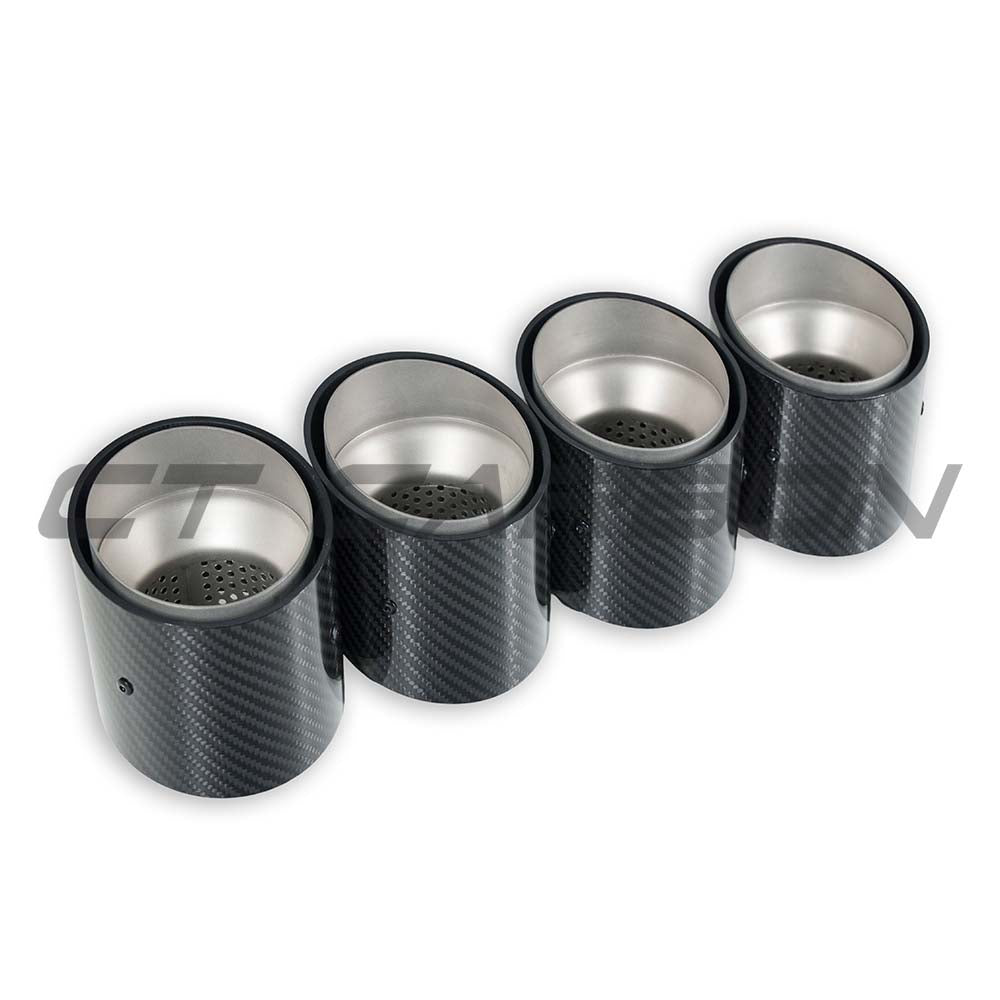 Set of four CT Carbon chrome slash cut exhaust tips for BMW M2, M3, M4 G87/G80/G81/G82/G83, showcasing sleek carbon finish