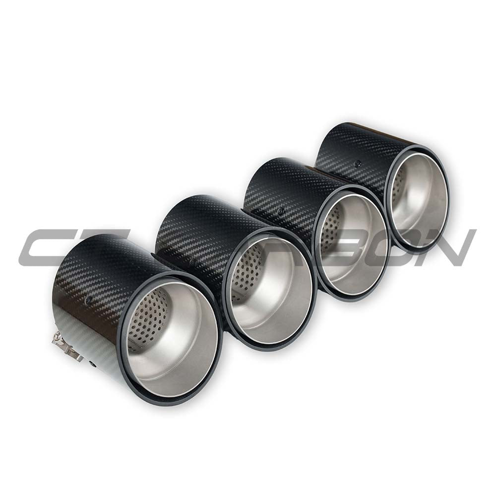 Set of four CT Carbon chrome slash cut exhaust tips for BMW M2, M3, M4 G87, G80, G81, G82, G83 models.