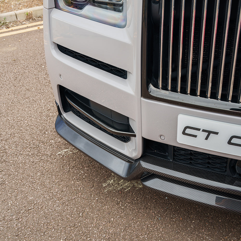 CT Carbon Rolls Royce Cullinan carbon fiber splitter installed on the front bumper, showcasing sleek, aerodynamic design and premium finish.