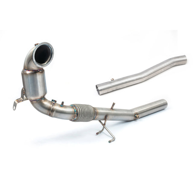 Cobra Sport VW Tiguan R front downpipe sports cat for performance exhaust, shown with polished metal finish and inlet connections.