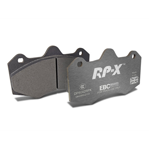 Pair of EBC RACING RPX Track Brake Pads for AP Racing CP7040 front brake system, shown in black with metal backing plates.