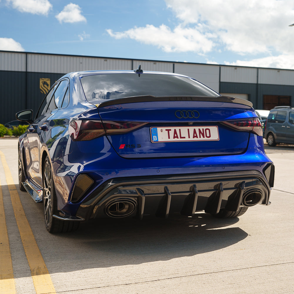 CT Carbon Audi RS3 8Y 2025+ saloon carbon fibre diffuser V1, showing sleek black aerodynamic rear diffuser design.