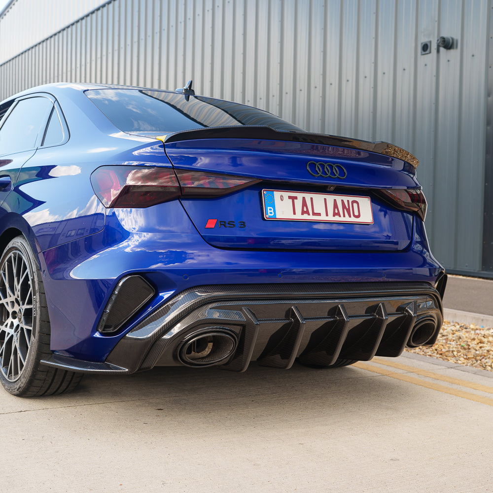 Audi RS3 8Y 2025+ saloon carbon fibre diffuser by CT Design, showcasing sleek aerodynamic design for the sporty vehicle.