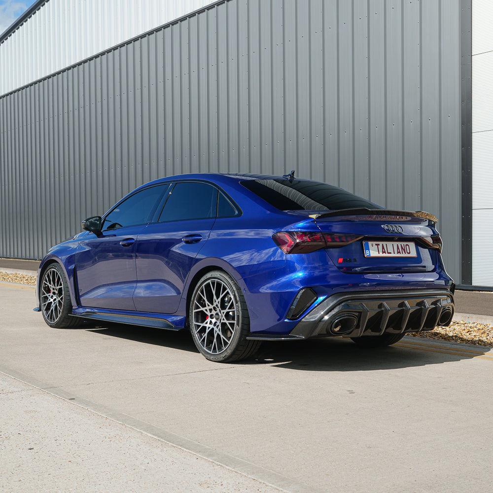 CT Carbon diffuser for Audi RS3 8Y 2025+ saloon car, V1 model with carbon fibre finish, shown on a sleek vehicle.
