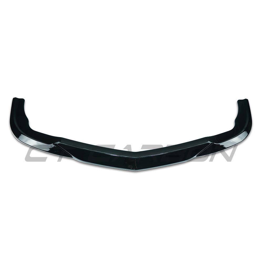 Gloss black front splitter for Mercedes W204 C63 (2008-2011) by CT Carbon, showing the sleek aerodynamic design and installation details.