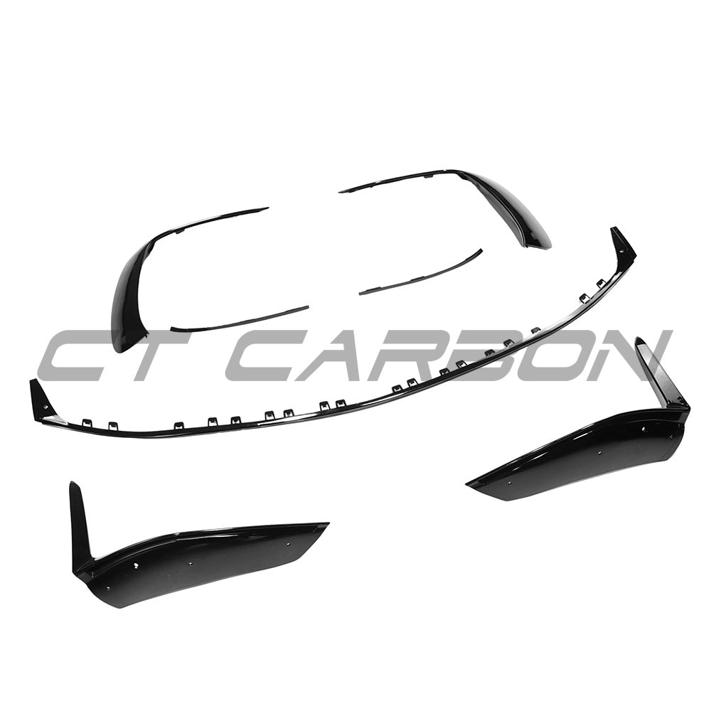 Mercedes W206 2021+ C43 CT Carbon gloss black front splitter V1 on car, showcasing aerodynamic design and sleek finish.