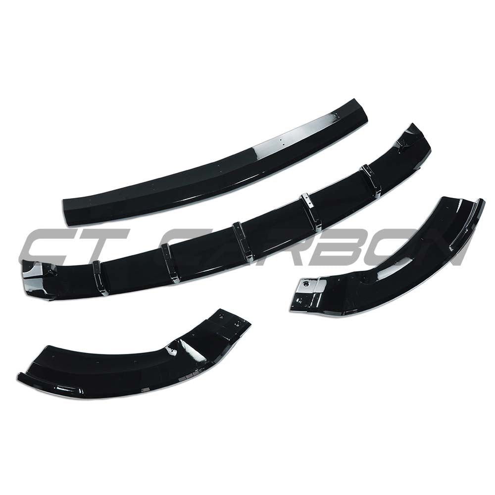 Gloss black splitter for Mercedes C-Class W118 2019-2023 by CT Carbon, showing the sleek aerodynamic design and fitment details.