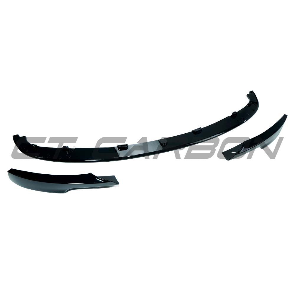 BMW 3 Series E90/E91/E92 2008-2013 LCI V8 gloss black splitter by CT Carbon, showing close-up of aerodynamic front splitter.
