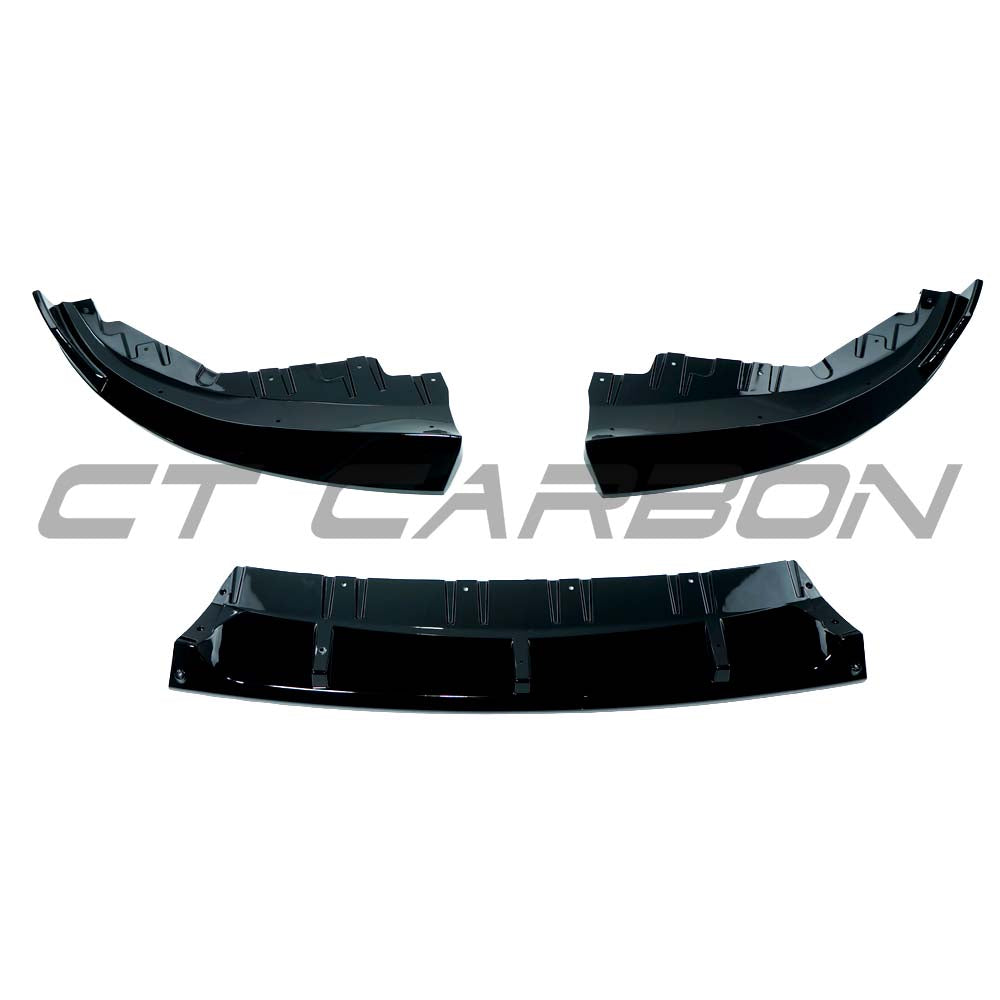 BMW G26 4 Series 2021+ CT Carbon gloss black 3-piece splitter installed on front bumper, enhancing sporty aerodynamic look.