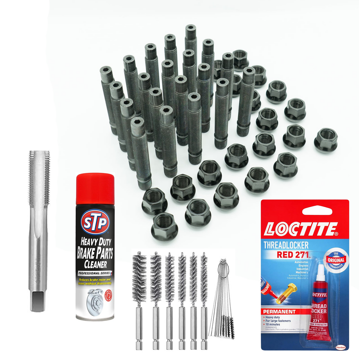 Bimecc BMW wheel stud and nut conversion kit with fitting tools, Loctite, tap, and wire brushes for easy installation.