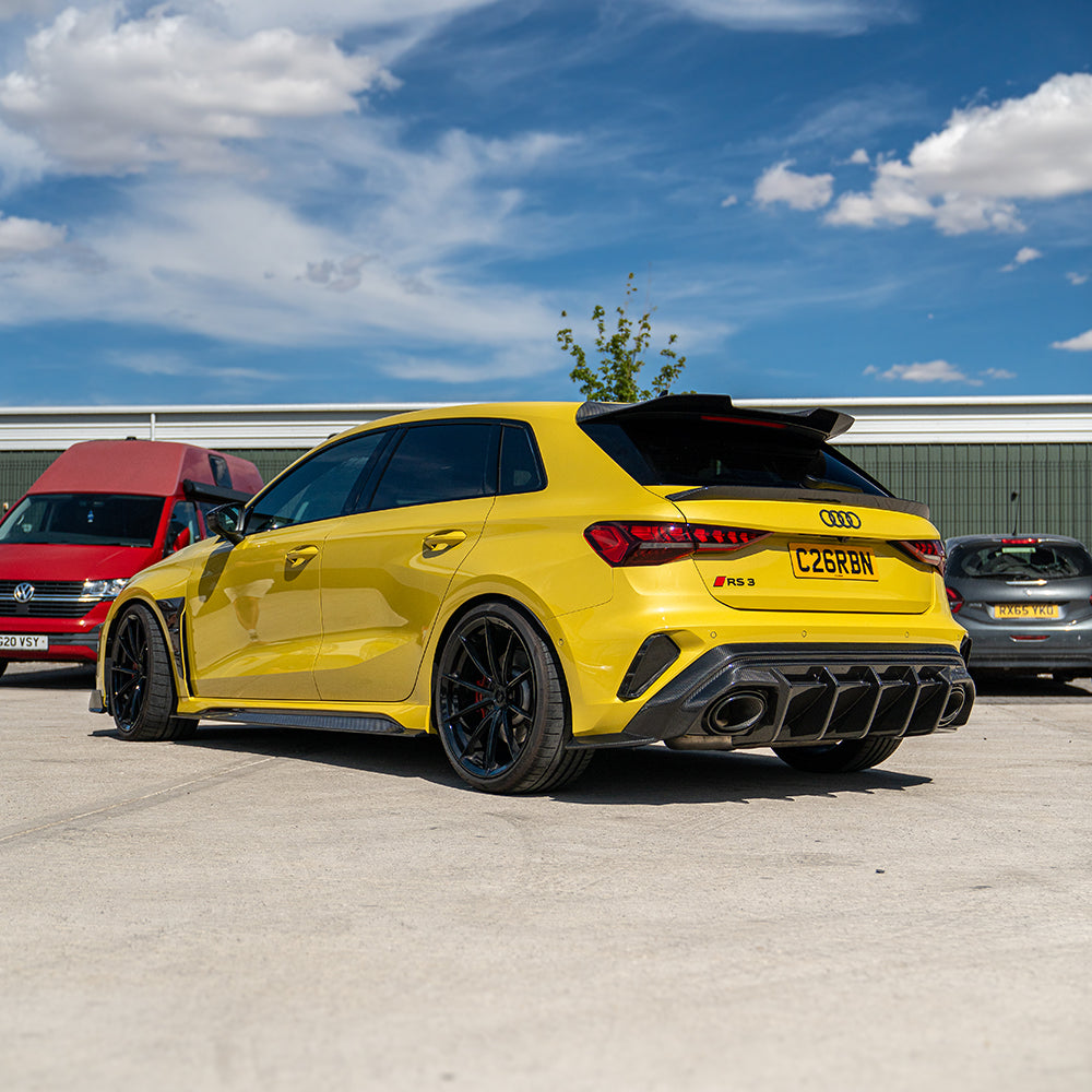 Full car carbon fibre kit for Audi RS3 8Y 2025+ facelift sportback by CT Design V2, showing front and side views of the kit.
