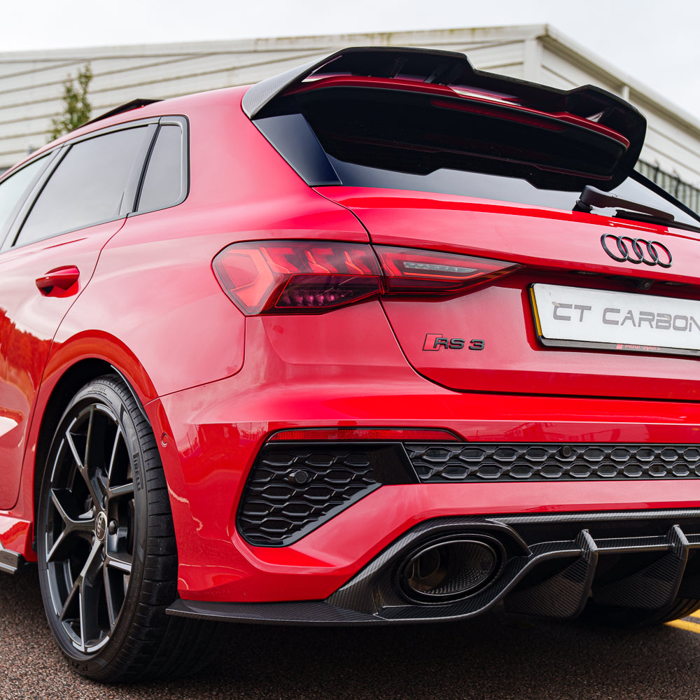 Full view of the CT Carbon RS3 8Y Sportback full carbon fibre kit on a 2022-2024 Audi RS3 8Y, showcasing sleek carbon details.
