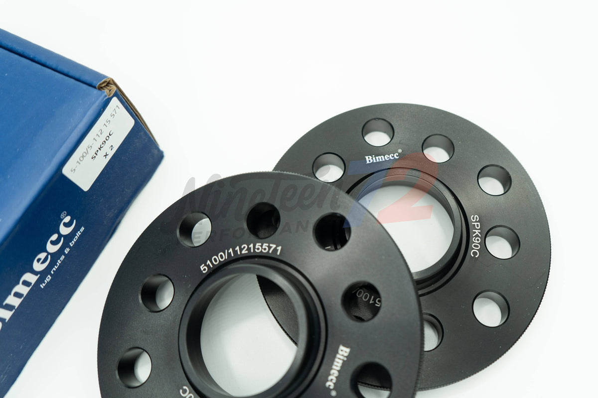 Bimecc wheel spacer kit for Mercedes E-Class E43 E53 E63 2017+ showing black spacers and mounting hardware.