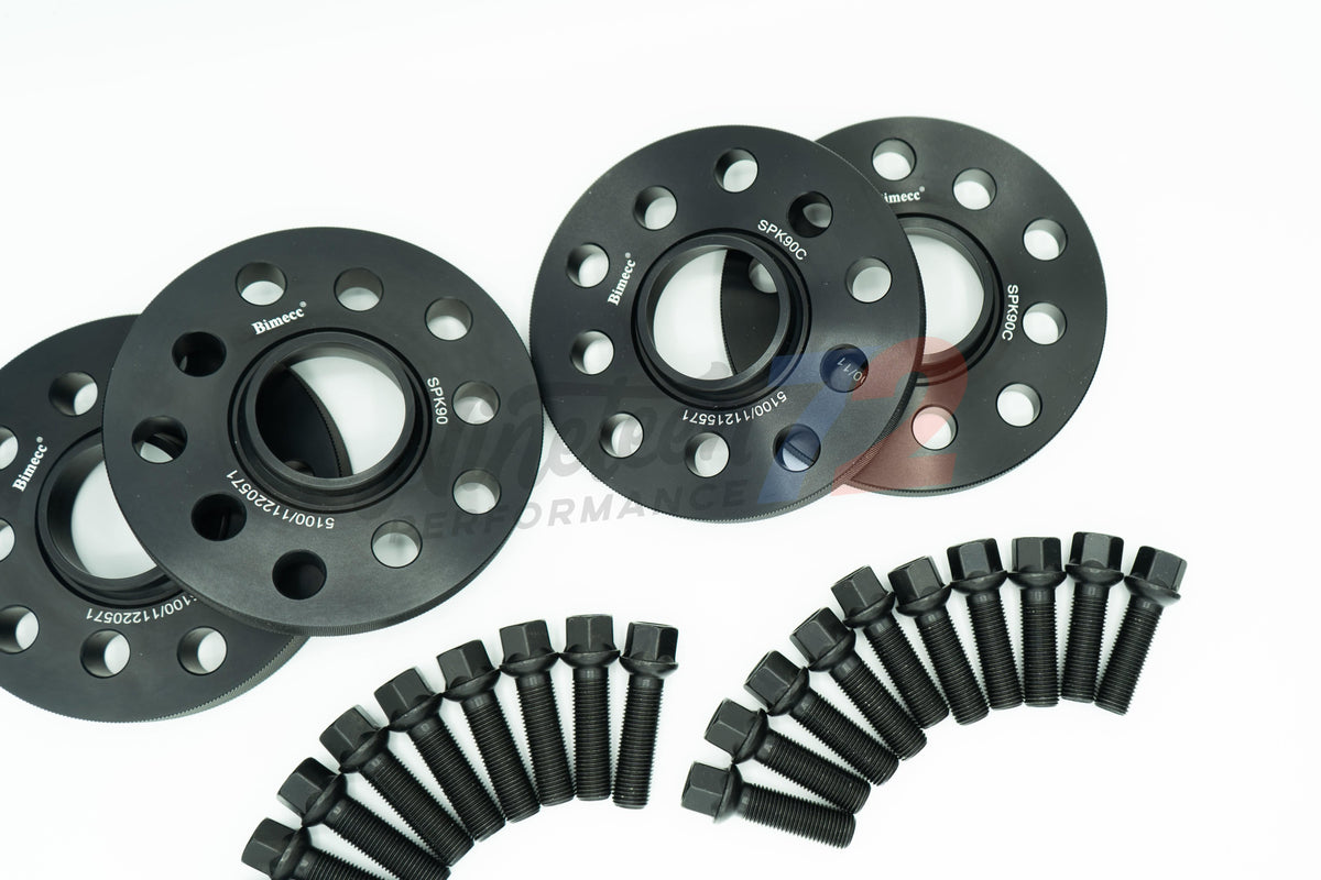Bimecc wheel spacer kit for Mercedes E-Class E43 E53 E63 2017+ with 5x112 bolt pattern, showing spacers and mounting hardware.