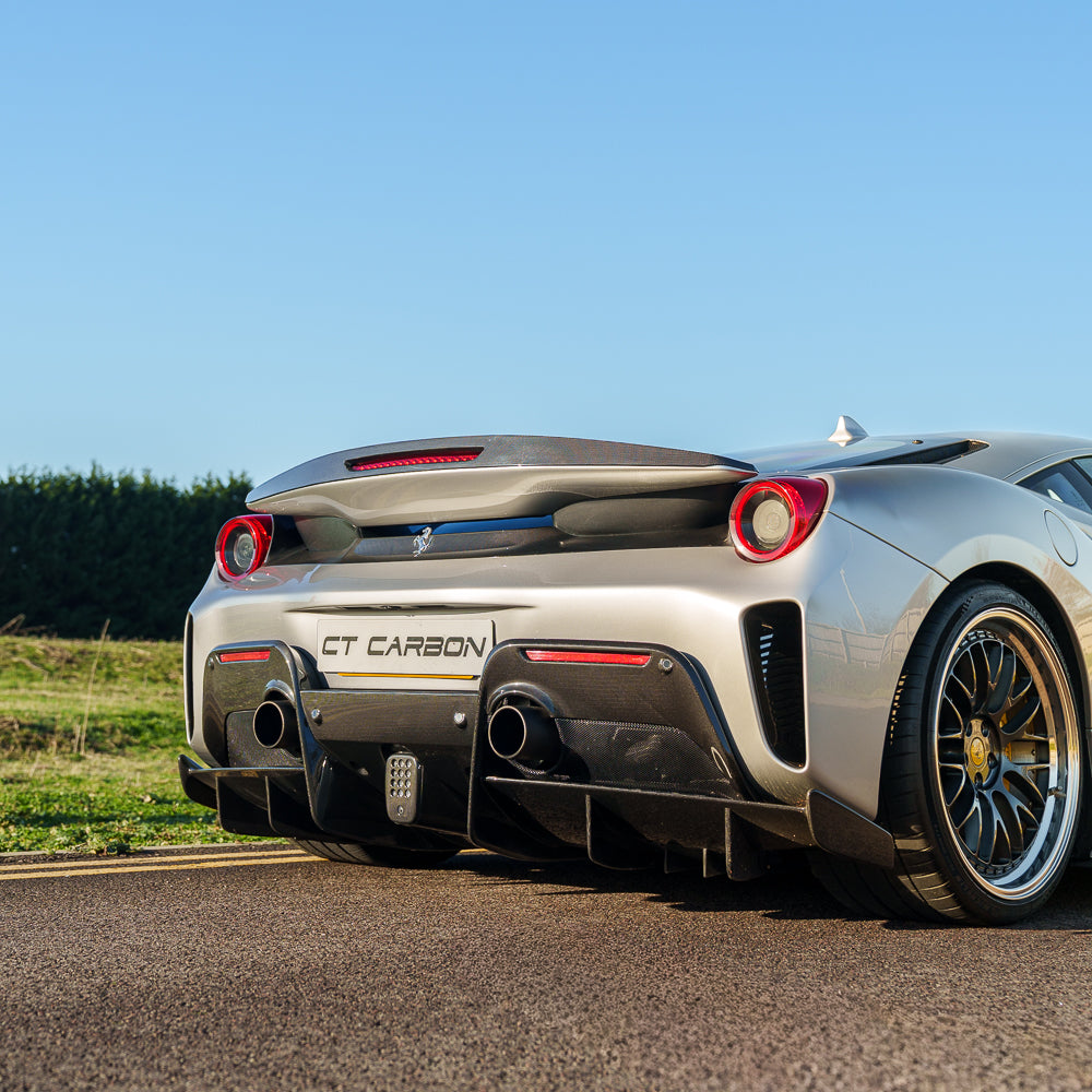 CT Carbon Ferrari 488 Pista carbon fiber kit, showcasing sleek black carbon fiber components on a high-performance sports car.