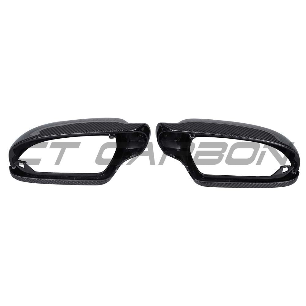 Carbon fiber side mirror covers for Audi A4, S4, A5, S5 B8.5 from 2012-2016, by CT Carbon, shown on a white vehicle.