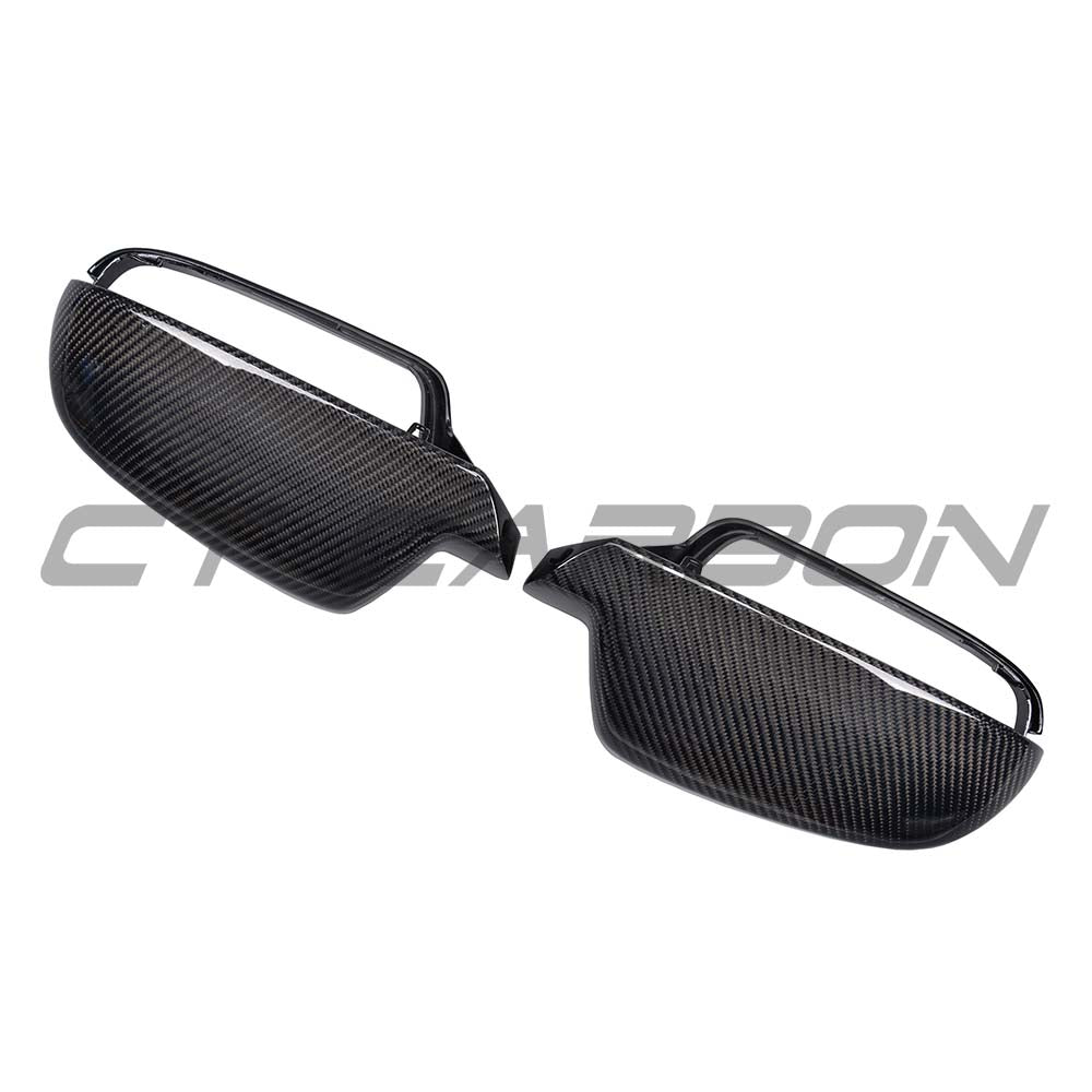 Carbon fibre mirror covers for Audi A4, S4, A5, and S5 B8.5 models by CT Carbon, showcasing sleek, textured mirror accessories.