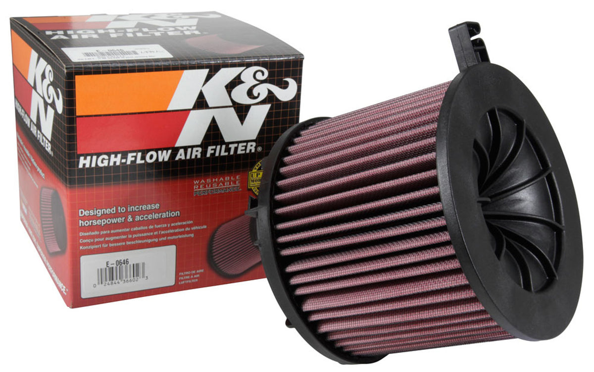 K&N panel air filter for Audi B9 A4, A5, Q5 2.0TDI, shown with packaging, high-performance replacement filter for improved airflow.