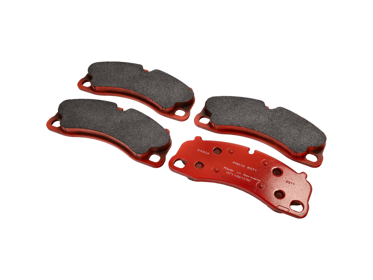 Pagid RST 1 front brake pad set for Porsche Cayman GT4 718, GT4 RS 718, 991 GT3, and 992 GT3 RS showing brake pads