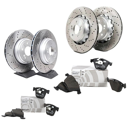 Genuine BMW E82 E90 E92 E93 M3 front and rear brake discs and pads kit, showing brake components installed on vehicle.