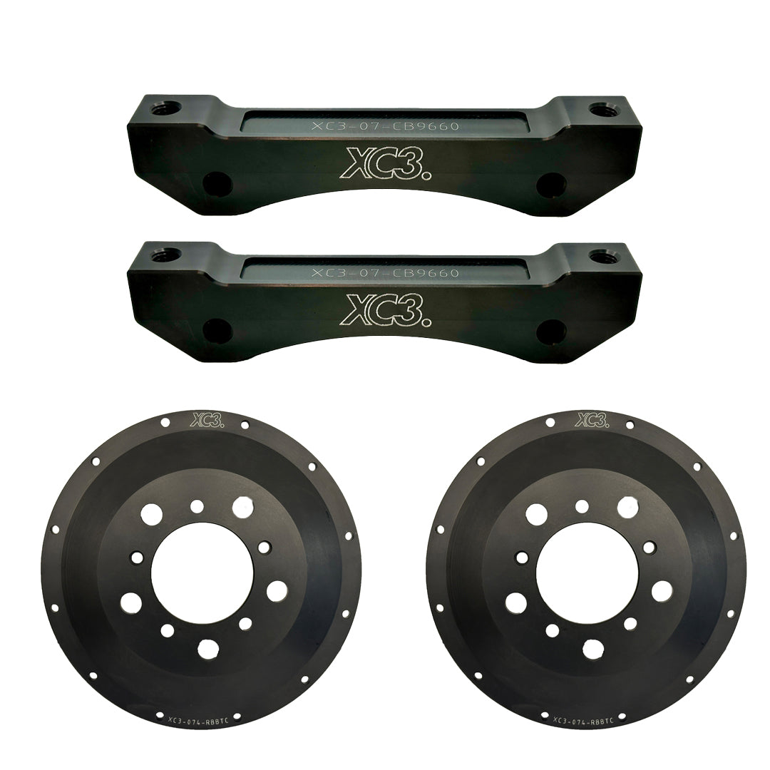 BMW M3 E9X/E92 BTCC brake upgrade kit with caliper carrier and rotor bell by XC3 Engineering, featuring AP Racing CP9660 components.