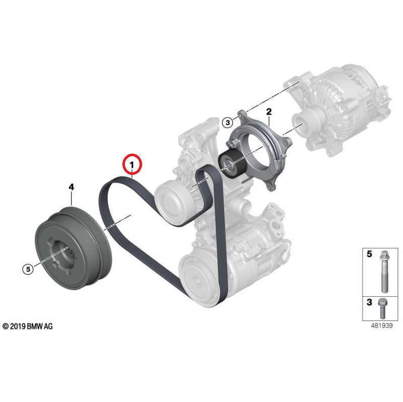 Genuine BMW B38 B46 B48 engine fan belt, automotive engine parts, black rubber belt with metal tensioner for BMW vehicles.