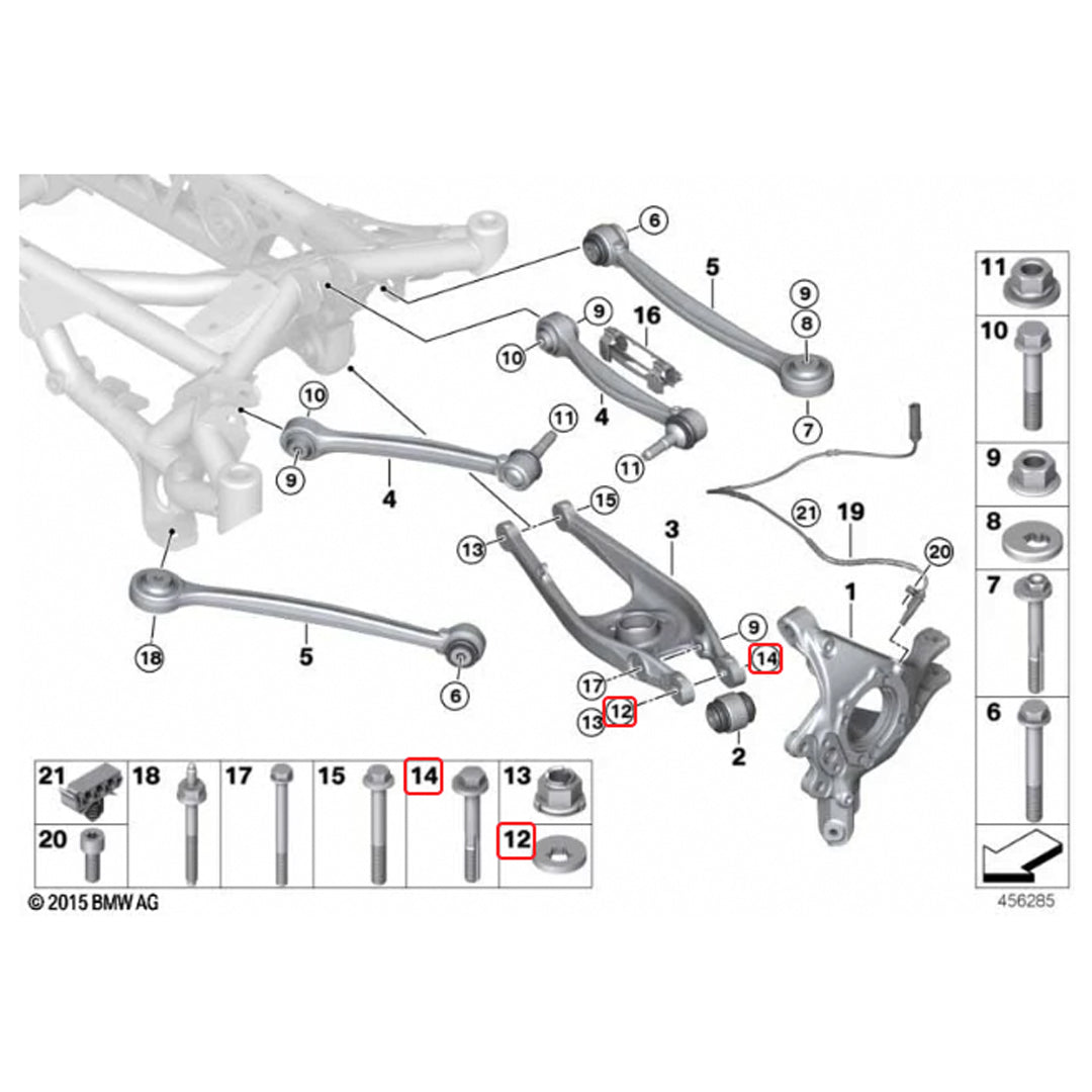BMW M2, M3, M4 rear camber lockout shims installed on suspension, showing shim placement for alignment adjustment.