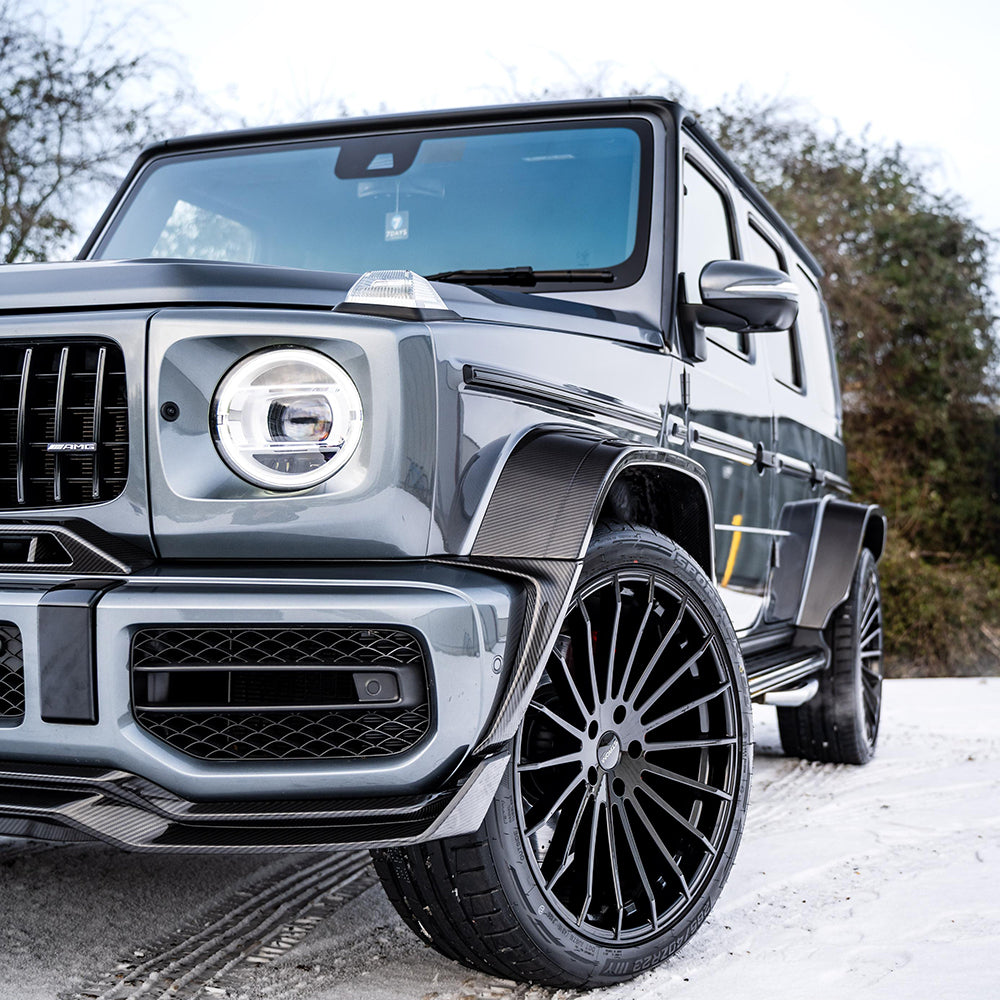 Mercedes-Benz G63 W463 carbon fiber wide arch kit by CT Carbon, showing detailed close-up of the full carbon fiber kit on the vehicle