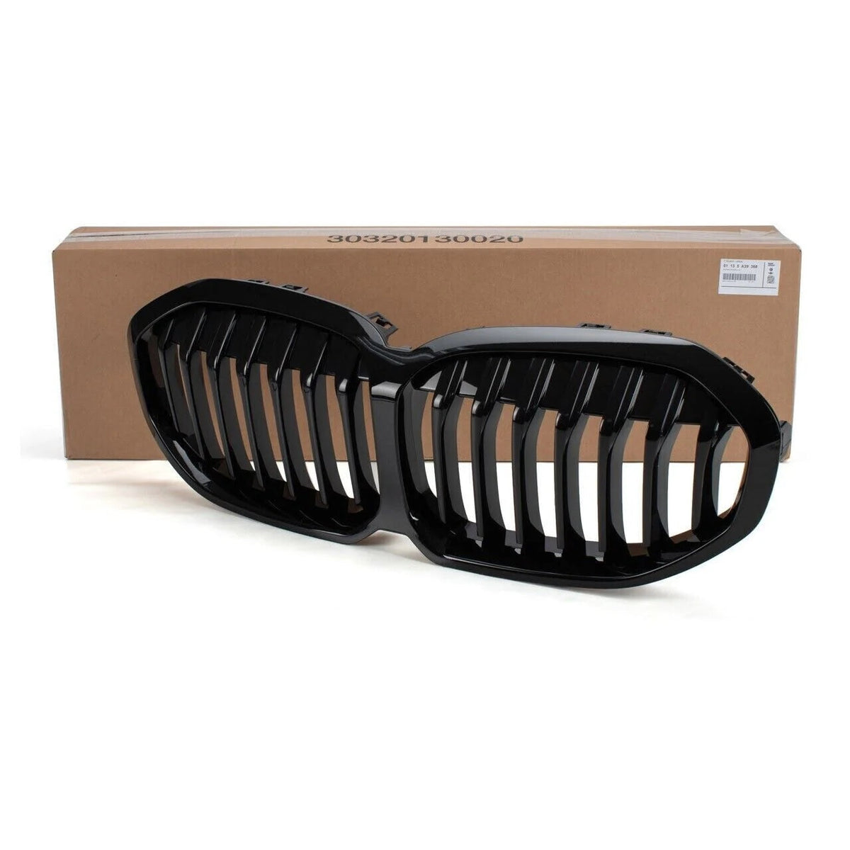 Genuine BMW 1 Series F40 gloss black front grille with BMW logo, designed for sleek vehicle front-end styling.