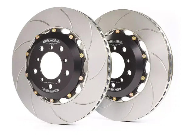Girodisc front 2-piece brake disc set for Porsche 992 GT3, iron brake rotors with vented design and black finish.