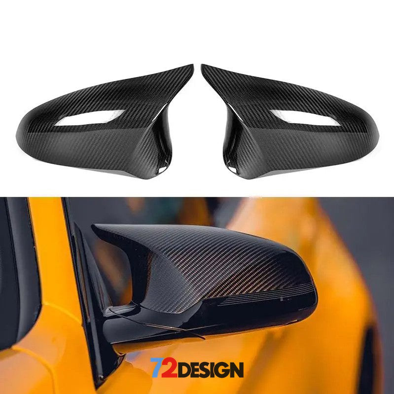 Carbon fibre BMW F Series wing mirror replacement covers by 72Design for M3, M4, M2C models featuring sleek, lightweight design.