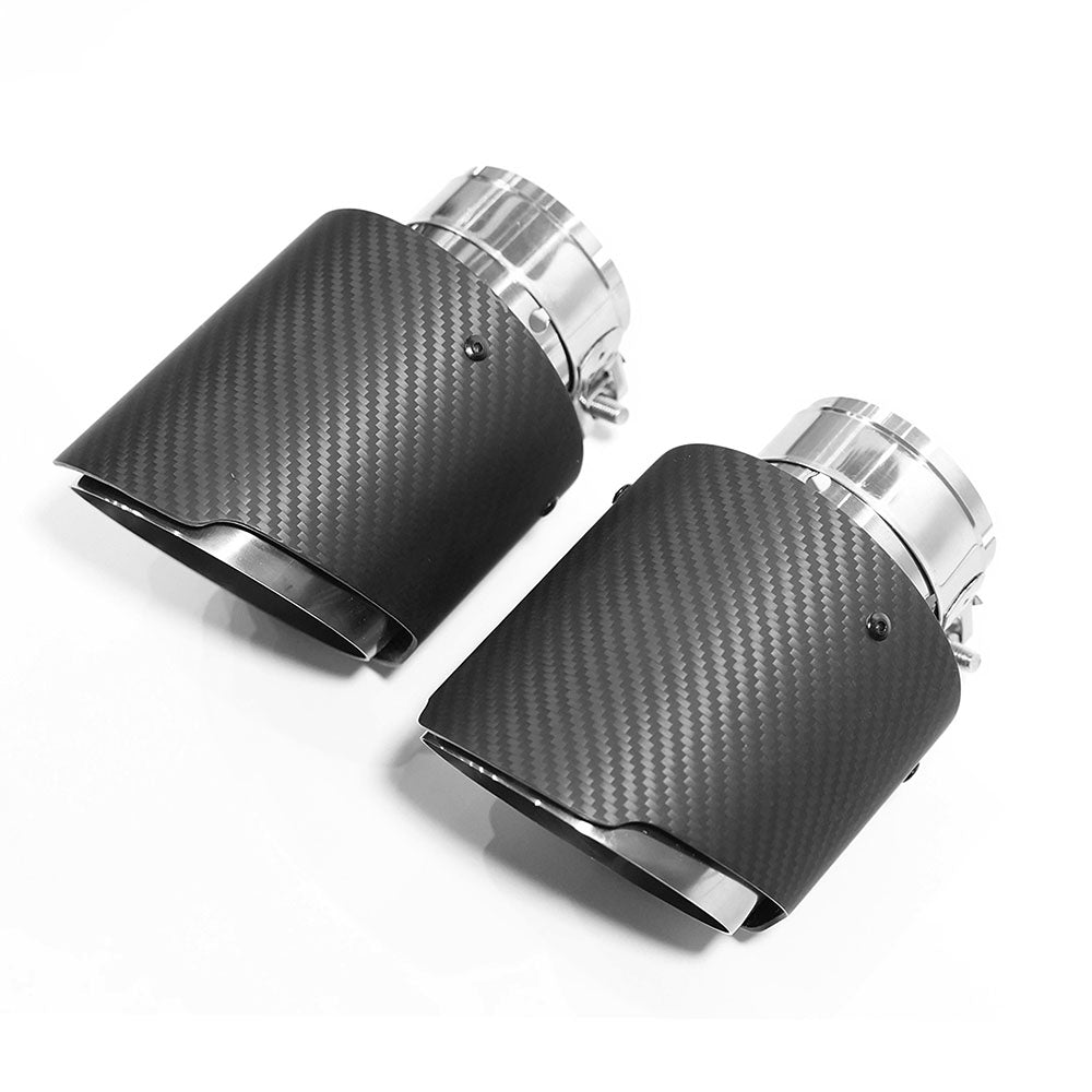 Hyundai i30N CT Carbon carbon fiber exhaust tips installed on the car, showcasing their sleek, glossy black finish and stylish design.