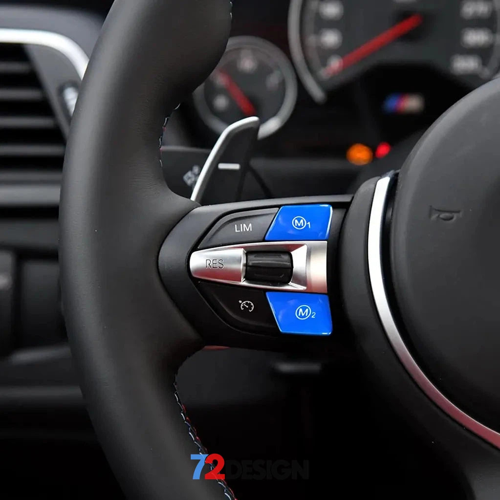 BMW M steering wheel buttons with blue interior trim by 72Design, showcasing sleek, high-quality automotive interior accessories.