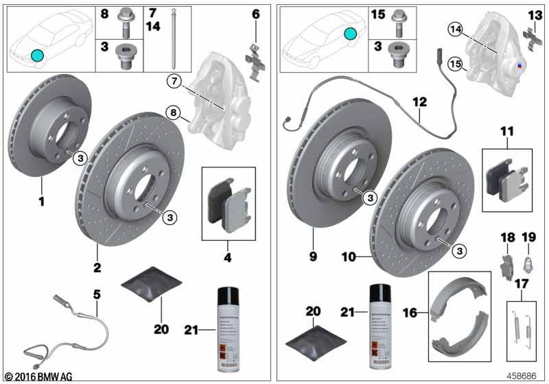 Genuine BMW front drilled brake discs pair, 340x30mm, for 1/2/3/4 Series, showing drilled surface and metal construction.