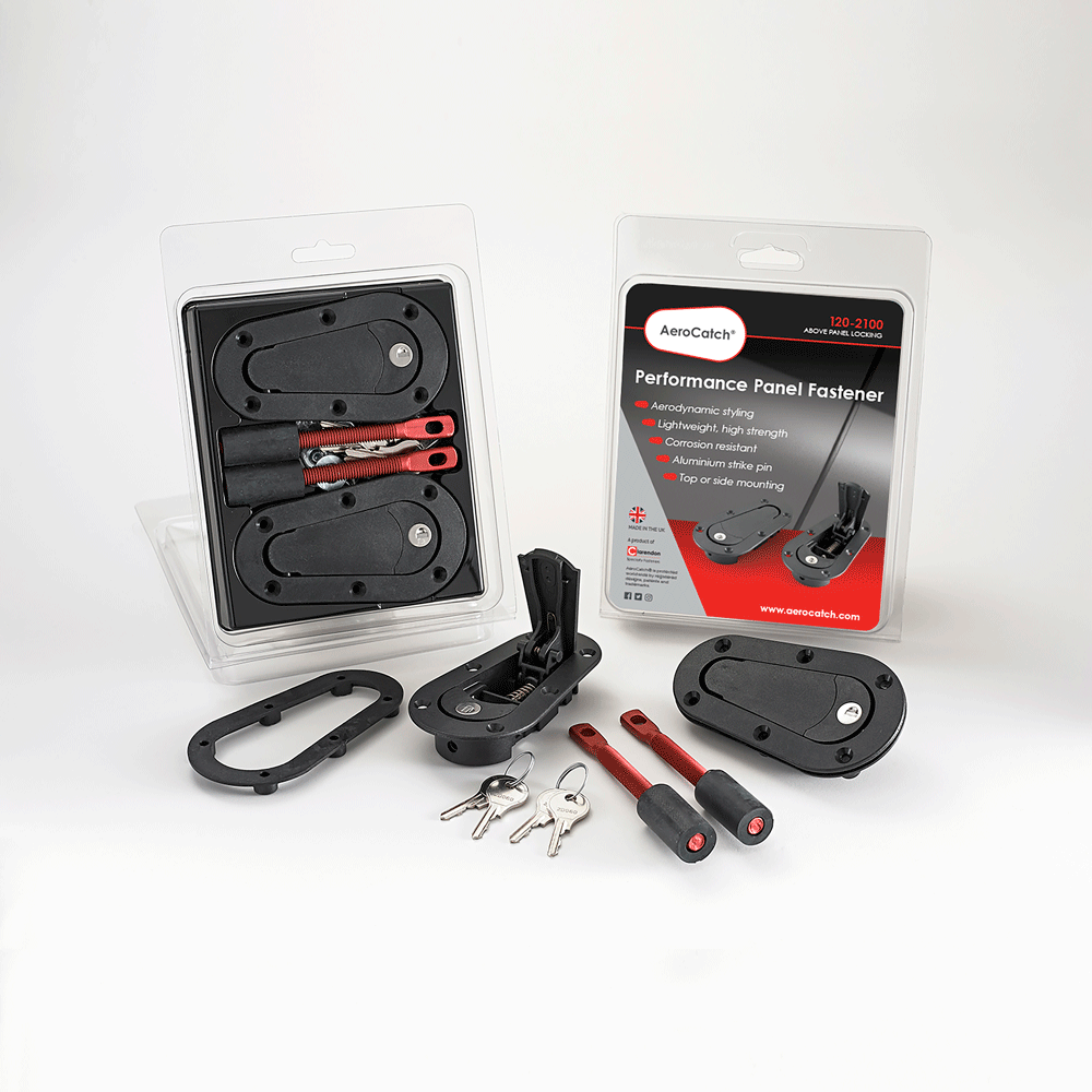 AeroCatch 120 Plus Flush Series locking bonnet latch and hood pin catch for securing car hoods and bonnets.