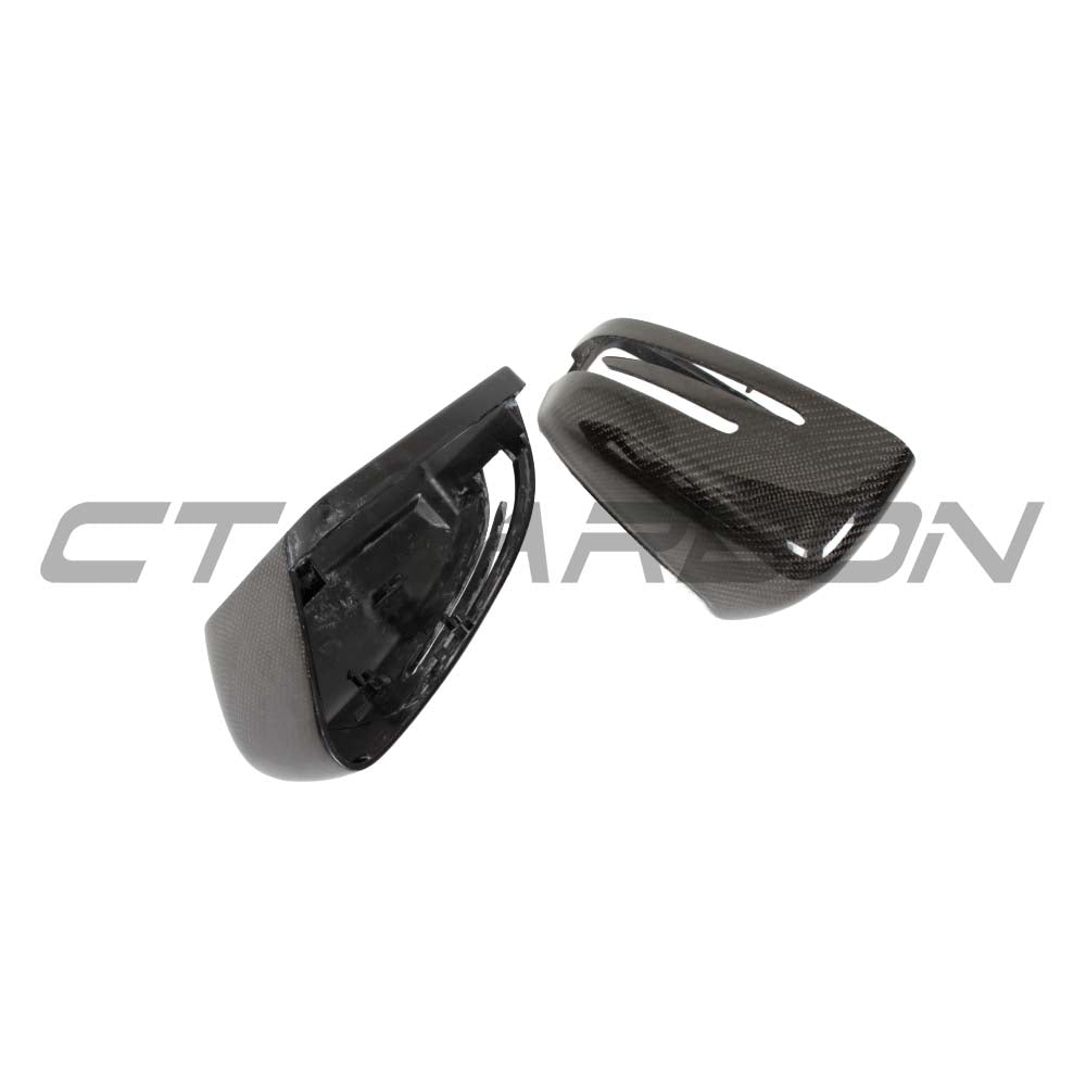 CT Carbon carbon fiber mirrors for Mercedes C and E Class W204 and W212 models, showcasing sleek, aerodynamic mirror covers.