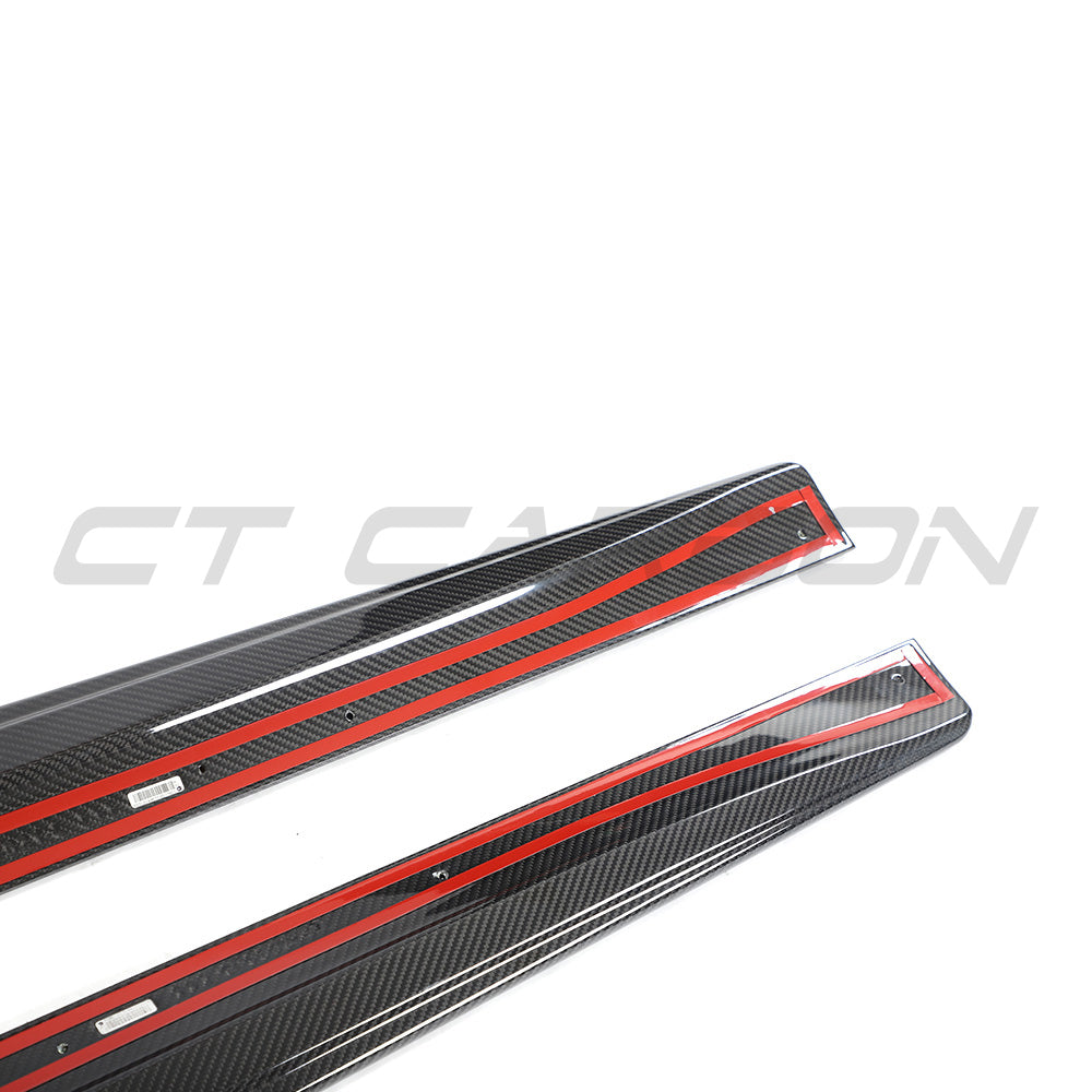 Tesla Model 3 2023+ carbon fibre side skirts by CT Carbon, V2, installed on the vehicle's sides with a sleek, aerodynamic design.