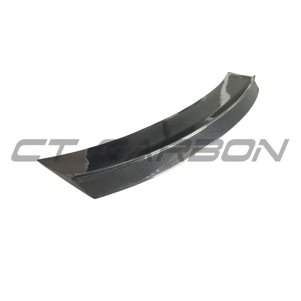 CT Carbon Audi TT/TTS MK3 carbon fiber spoiler mounted on the car, showcasing the sleek, aerodynamic design of the high-performance spoiler.