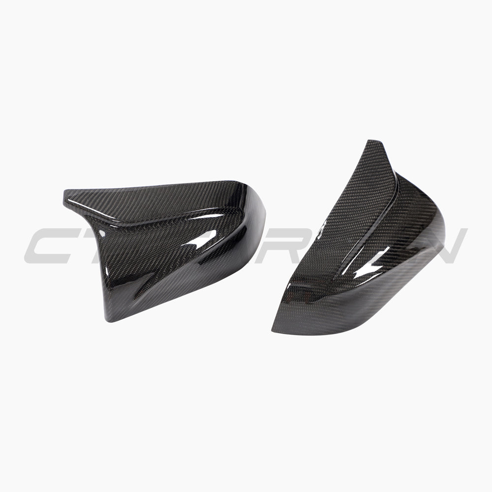 Tesla Model 3 2017+ carbon fiber mirrors V2 by CT Carbon, close-up of sleek, lightweight carbon fiber side mirror accessories.